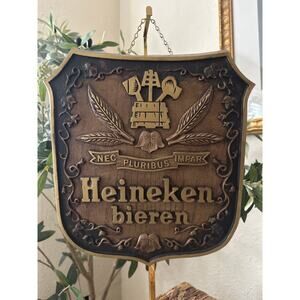 Heineken Bieren Wall Plaque Beer Sign "Nec Pluribus Impar" Faux Wood 12.5" x 11”